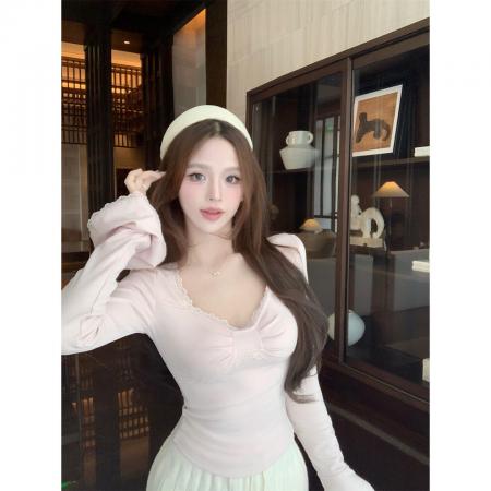 FA46332# 纯欲蕾丝拼接磨毛打底衫女秋冬季辣妹喇叭袖修身T恤上衣 服裝批發女裝批發服飾貨源