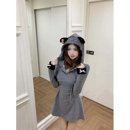 FA46334# 秋冬新款蝴蝶结韩系连帽短裙女气质修身收腰长袖连衣裙 服裝批發女裝批發服飾貨源