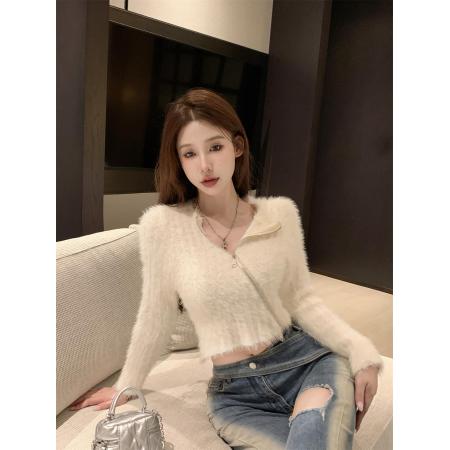 FA46335# 仿水貂绒斜领针织开衫女冬季设计感双拉链长袖保暖毛衣 服裝批發女裝批發服飾貨源
