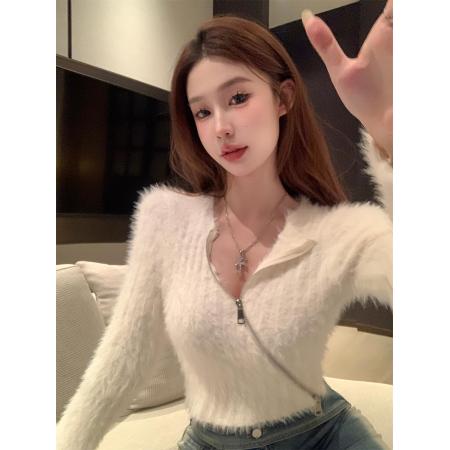 FA46335# 仿水貂绒斜领针织开衫女冬季设计感双拉链长袖保暖毛衣 服裝批發女裝批發服飾貨源