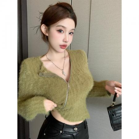 FA46335# 仿水貂绒斜领针织开衫女冬季设计感双拉链长袖保暖毛衣 服裝批發女裝批發服飾貨源