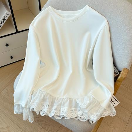 FA46336# 大码白色加厚宝宝绒蕾丝拼接T恤宽松打底外穿长袖上衣 服裝批發女裝批發服飾貨源