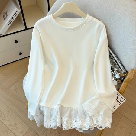 FA46336# 大码白色加厚宝宝绒蕾丝拼接T恤宽松打底外穿长袖上衣 服裝批發女裝批發服飾貨源