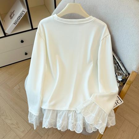 FA46336# 大码白色加厚宝宝绒蕾丝拼接T恤宽松打底外穿长袖上衣 服裝批發女裝批發服飾貨源
