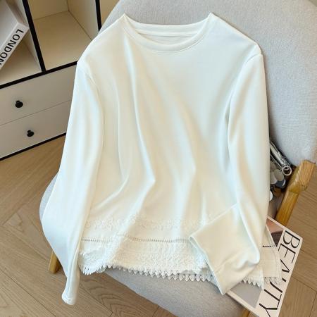 FA46337# 大码白色加厚宝宝绒蕾丝拼接T恤宽松打底外穿长袖上衣 服裝批發女裝批發服飾貨源