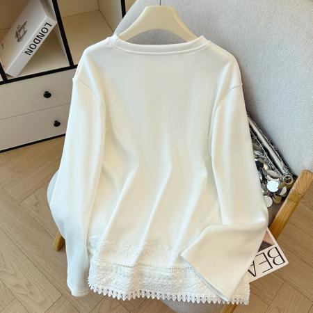 FA46337# 大码白色加厚宝宝绒蕾丝拼接T恤宽松打底外穿长袖上衣 服裝批發女裝批發服飾貨源