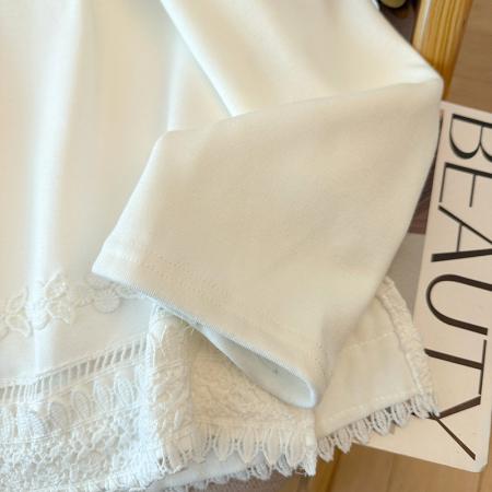 FA46337# 大码白色加厚宝宝绒蕾丝拼接T恤宽松打底外穿长袖上衣 服裝批發女裝批發服飾貨源