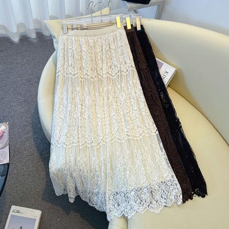 FA46338# 大码蕾丝两面穿压褶仙女蕾丝加绒加厚A字半身长裙 服裝批發女裝批發服飾貨源