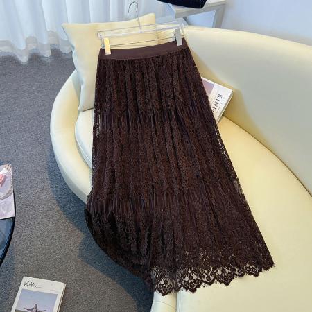 FA46338# 大码蕾丝两面穿压褶仙女蕾丝加绒加厚A字半身长裙 服裝批發女裝批發服飾貨源