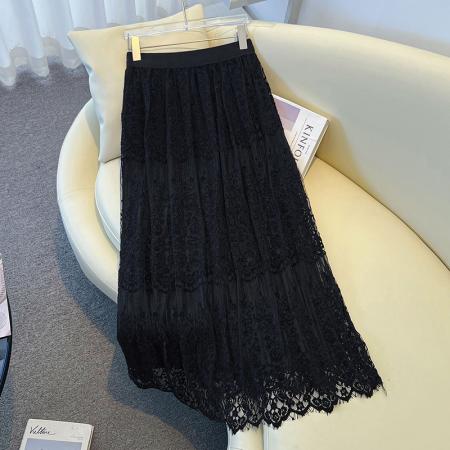 FA46338# 大码蕾丝两面穿压褶仙女蕾丝加绒加厚A字半身长裙 服裝批發女裝批發服飾貨源