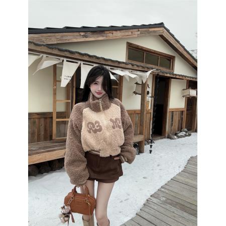 FA46340# 美式复古辣妹立领羊羔毛撞色开衫冬季慵懒宽松收腰外套 服裝批發女裝批發服飾貨源