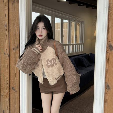 FA46340# 美式复古辣妹立领羊羔毛撞色开衫冬季慵懒宽松收腰外套 服裝批發女裝批發服飾貨源