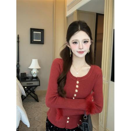 FA46341# 小香风毛毛袖针织打底衫女秋冬今年流行的毛衣内搭上衣 服裝批發女裝批發服飾貨源