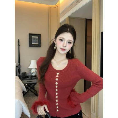 FA46341# 小香风毛毛袖针织打底衫女秋冬今年流行的毛衣内搭上衣 服裝批發女裝批發服飾貨源