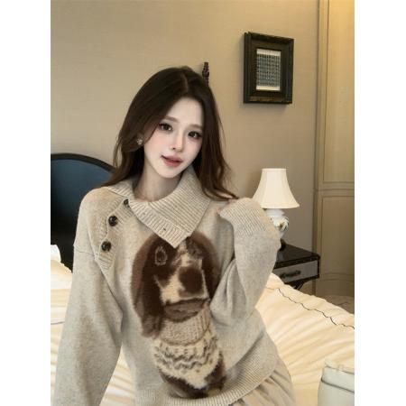 FA46342# 设计感可爱小狗毛衣纽扣长袖针织衫装秋冬气质宽松上衣 服裝批發女裝批發服飾貨源