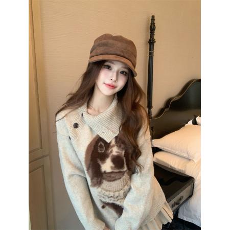 FA46342# 设计感可爱小狗毛衣纽扣长袖针织衫装秋冬气质宽松上衣 服裝批發女裝批發服飾貨源