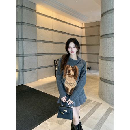 FA46342# 设计感可爱小狗毛衣纽扣长袖针织衫装秋冬气质宽松上衣 服裝批發女裝批發服飾貨源