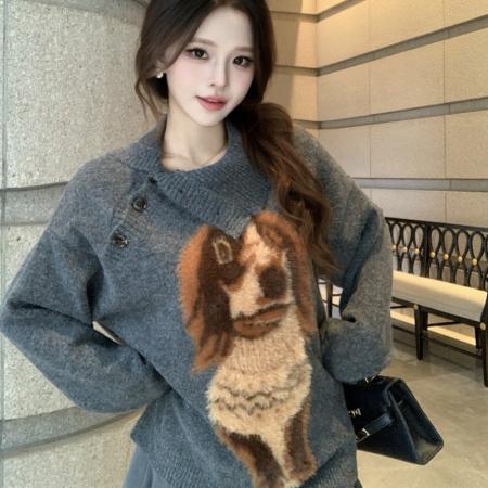 FA46342# 设计感可爱小狗毛衣纽扣长袖针织衫装秋冬气质宽松上衣 服裝批發女裝批發服飾貨源