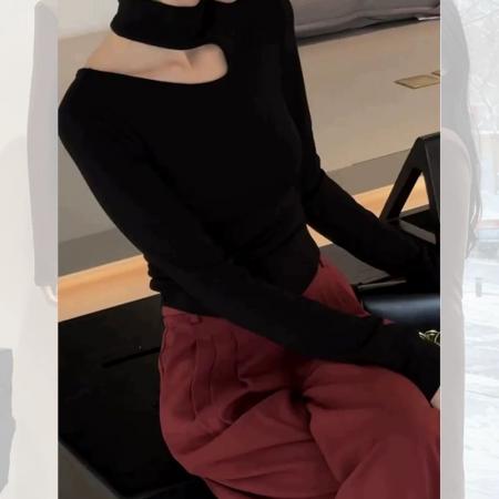 FA46343# 咖色镂空小心机半高领长袖t恤女秋冬德绒保暖打底衫内搭磨毛上衣 服裝批發女裝批發服飾貨源