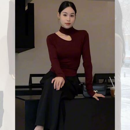 FA46343# 咖色镂空小心机半高领长袖t恤女秋冬德绒保暖打底衫内搭磨毛上衣 服裝批發女裝批發服飾貨源