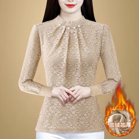 FA46346# 秋冬新款加绒保暖五粒珠子款长袖气质百搭衬衫打底衫 服裝批發女裝批發服飾貨源