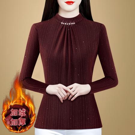 FA46347# 冬季新款圆领加绒打底衫内搭女装网纱修身女士T恤长袖小衫 服裝批發女裝批發服飾貨源