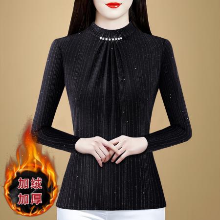 FA46347# 冬季新款圆领加绒打底衫内搭女装网纱修身女士T恤长袖小衫 服裝批發女裝批發服飾貨源