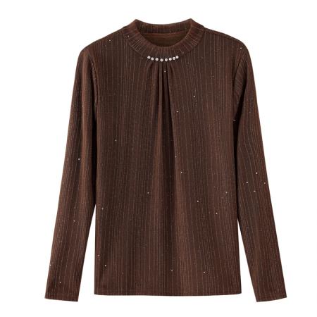 FA46347# 冬季新款圆领加绒打底衫内搭女装网纱修身女士T恤长袖小衫 服裝批發女裝批發服飾貨源