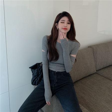 FA46349# 新款设计感小众心机方领长袖t恤女短款上衣内搭打底衫 服裝批發女裝批發服飾貨源