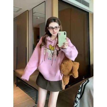 FA46350# 可爱蝴蝶结小马提花连帽针织卫衣上衣女秋冬新款软糯宽松百搭毛衣 服裝批發女裝批發服飾貨源