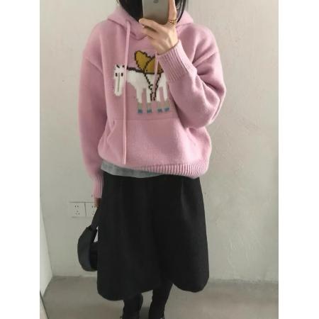 FA46350# 可爱蝴蝶结小马提花连帽针织卫衣上衣女秋冬新款软糯宽松百搭毛衣 服裝批發女裝批發服飾貨源