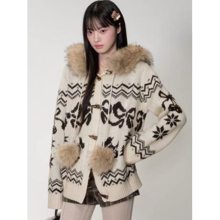 FA46351# 复古重工费尔岛毛领牛角扣连帽针织毛衣外套女 服裝批發女裝批發服飾貨源