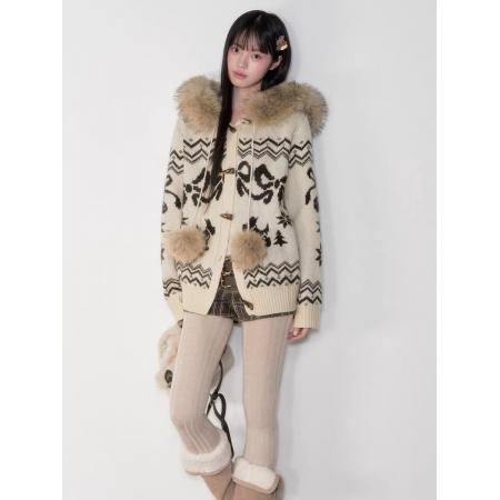 FA46351# 复古重工费尔岛毛领牛角扣连帽针织毛衣外套女 服裝批發女裝批發服飾貨源