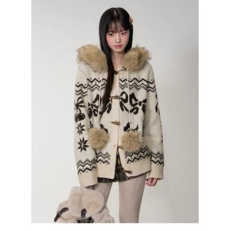 FA46351# 复古重工费尔岛毛领牛角扣连帽针织毛衣外套女 服裝批發女裝批發服飾貨源