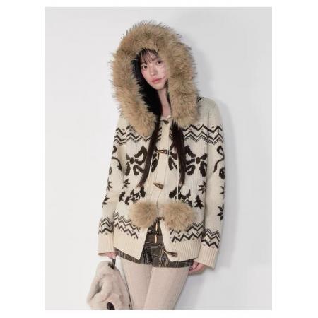 FA46351# 复古重工费尔岛毛领牛角扣连帽针织毛衣外套女 服裝批發女裝批發服飾貨源