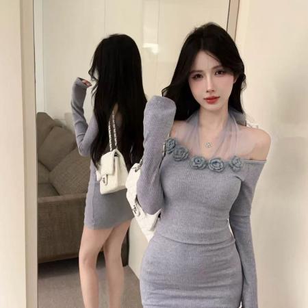 FA46353# 法式一字肩挂脖连身裙掐腰包臀长袖连衣裙子女装性感穿搭短裙 服裝批發女裝批發服飾貨源