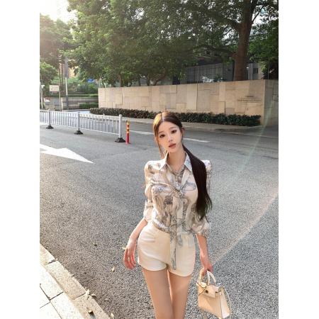 FA46354# 松弛慵懒随性时髦宽松老钱复古印花衬衫缎面上衣 服裝批發女裝批發服飾貨源