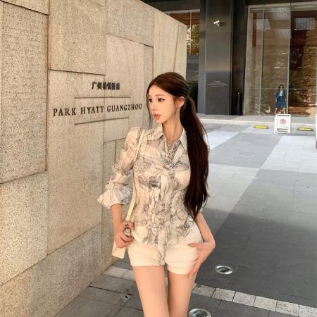 FA46354# 松弛慵懒随性时髦宽松老钱复古印花衬衫缎面上衣 服裝批發女裝批發服飾貨源