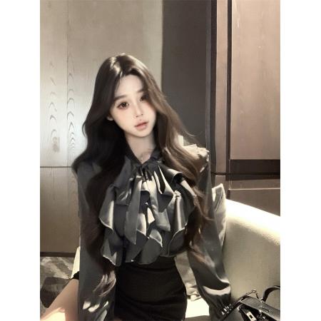 FA46355# 春季新款荷叶边气质系带长袖上衣加包臀半身裙套装 服裝批發女裝批發服飾貨源