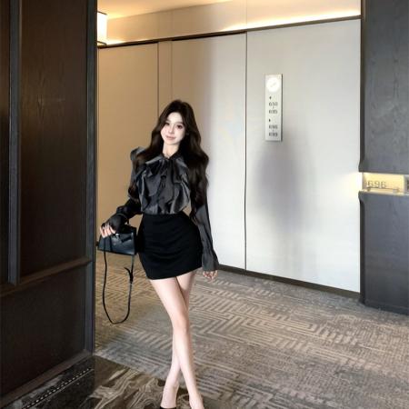 FA46355# 春季新款荷叶边气质系带长袖上衣加包臀半身裙套装 服裝批發女裝批發服飾貨源