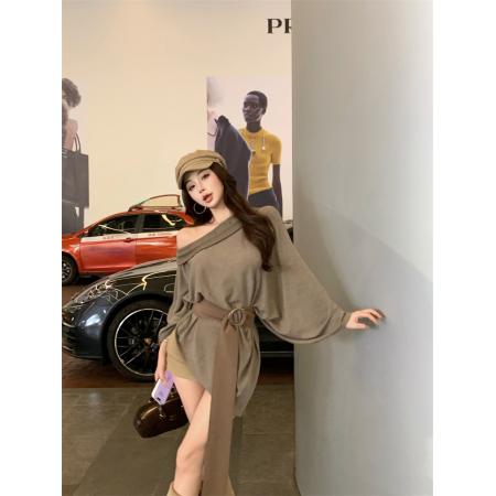 FA46357# 高品质设计感慵懒复古披风露肩不规则t配腰带 服裝批發女裝批發服飾貨源