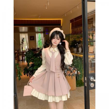 FA46361# 南法微风甜美学院风polo领连衣裙收腰显瘦气质减龄短裙 服裝批發女裝批發服飾貨源