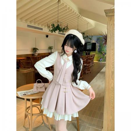 FA46361# 南法微风甜美学院风polo领连衣裙收腰显瘦气质减龄短裙 服裝批發女裝批發服飾貨源