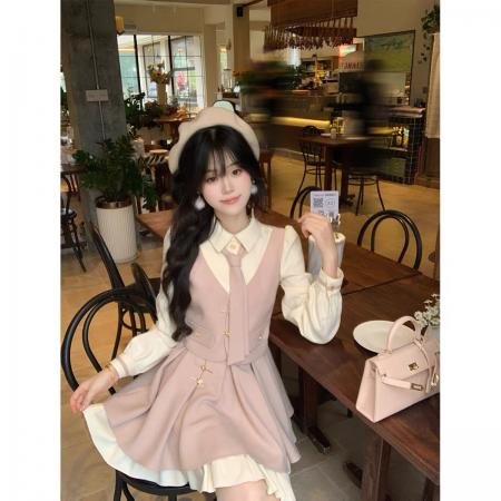 FA46361# 南法微风甜美学院风polo领连衣裙收腰显瘦气质减龄短裙 服裝批發女裝批發服飾貨源