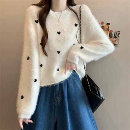 FA46364# 新版韩风设计感水貂绒立体爱心针织衫短款毛衣 服裝批發女裝批發服飾貨源