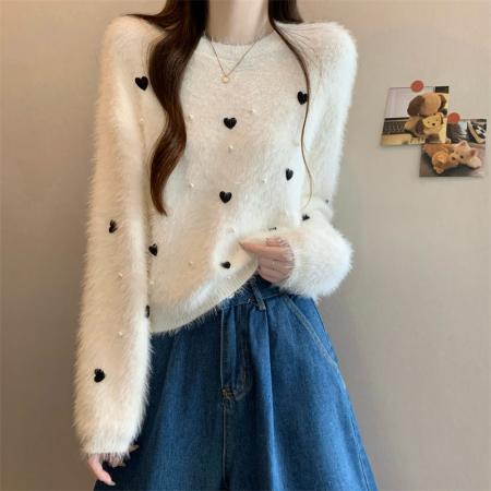 FA46364# 新版韩风设计感水貂绒立体爱心针织衫短款毛衣 服裝批發女裝批發服飾貨源