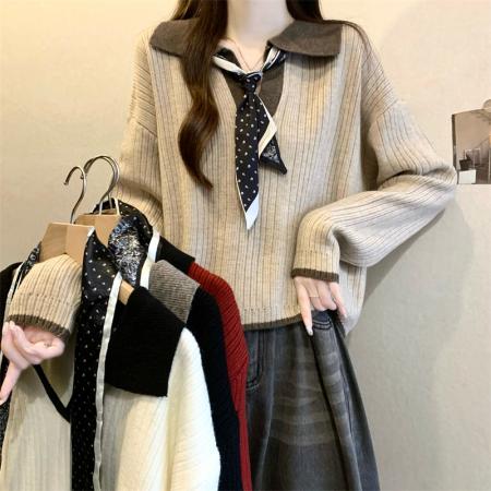 FA46365# 新版韩风设计感半拉链拼色宽松针织衫毛衣 服裝批發女裝批發服飾貨源