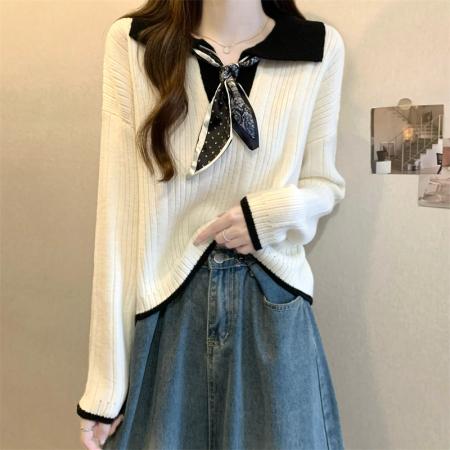 FA46365# 新版韩风设计感半拉链拼色宽松针织衫毛衣 服裝批發女裝批發服飾貨源