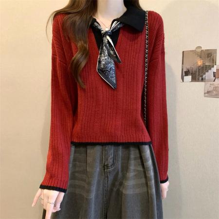 FA46365# 新版韩风设计感半拉链拼色宽松针织衫毛衣 服裝批發女裝批發服飾貨源