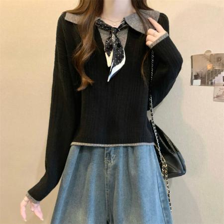 FA46365# 新版韩风设计感半拉链拼色宽松针织衫毛衣 服裝批發女裝批發服飾貨源